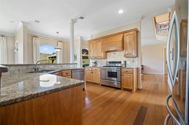 Interior, Kitchen, Pendant Lights, Recessed Lighting, Stainless Steel Appliances, Wood Texture Flooring