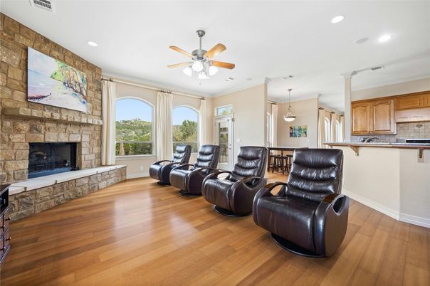Home Theatre Room, Fireplace, Interior, Kitchen, Pendant Lights, Recessed Lighting, Stone Walls, Wood Texture Flooring