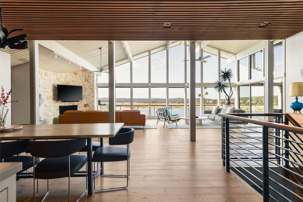 Dining room, Interior, Pendant Lights, Stone Walls, Water, Wood Texture Flooring