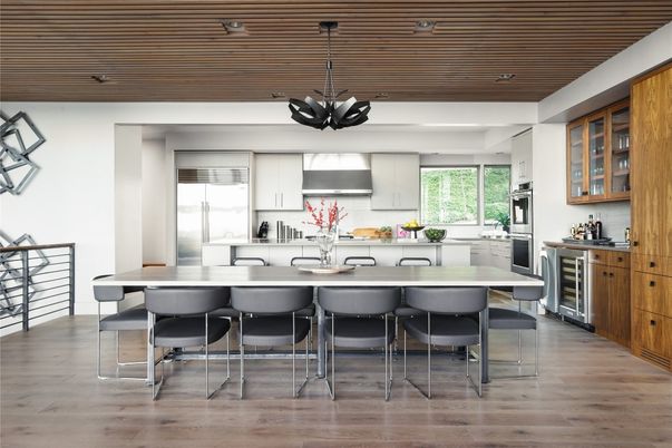 Dining room, Interior, Kitchen, Pendant Lights, Recessed Lighting, Stainless Steel Appliances, Wood Texture Flooring