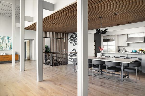 Dining room, Interior, Kitchen, Pendant Lights, Stainless Steel Appliances, Wood Texture Flooring
