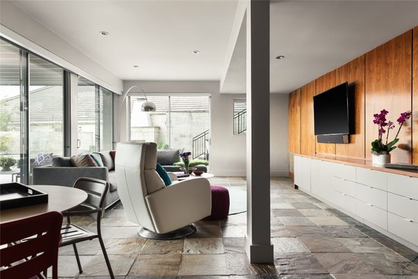 Interior, Living room, Recessed Lighting, Wooden Walls