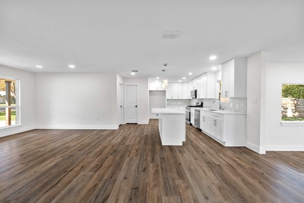 Interior, Kitchen, Pendant Lights, Recessed Lighting, Wood Texture Flooring