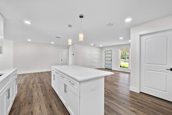 Empty room, Interior, Kitchen, Pendant Lights, Recessed Lighting, Wood Texture Flooring