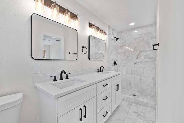 Bathroom, Dual Sink Vanities, Interior, Marble, Marble Walls, Recessed Lighting