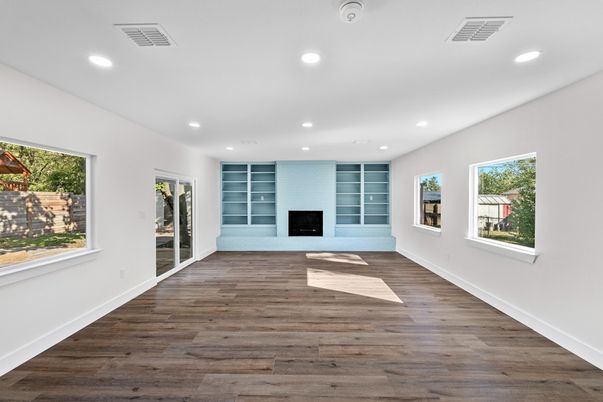 Empty room, Fireplace, Interior, Recessed Lighting, Wood Texture Flooring