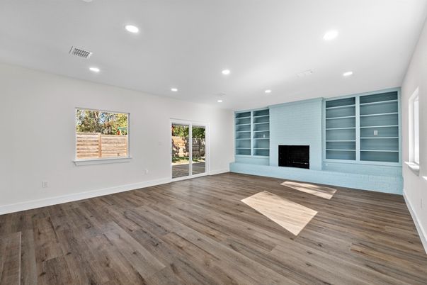 Empty room, Fireplace, Interior, Recessed Lighting, Wood Texture Flooring