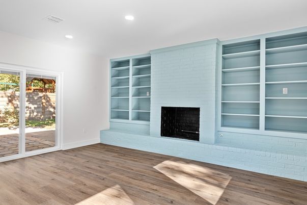 Empty room, Fireplace, Interior, Recessed Lighting, Wood Texture Flooring