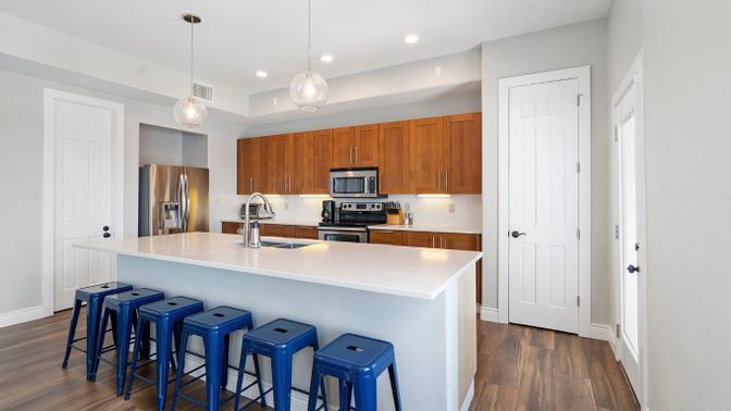 Interior, Kitchen, Pendant Lights, Recessed Lighting, Stainless Steel Appliances, Wood Texture Flooring
