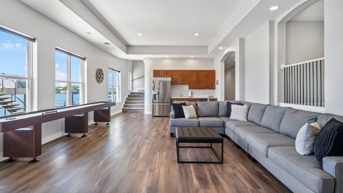Game Room, Interior, Kitchen, Living room, Recessed Lighting, Stainless Steel Appliances, Wood Texture Flooring