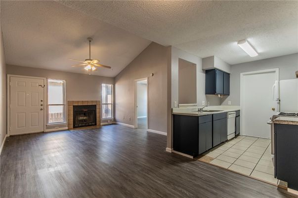 Empty room, Fireplace, Interior, Kitchen, Wood Texture Flooring