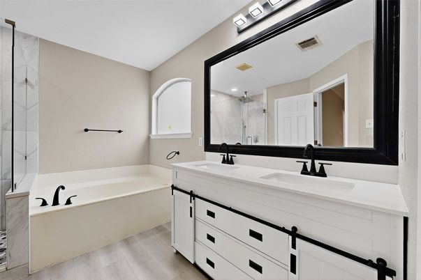 Bathroom, Dual Sink Vanities, Interior, Recessed Lighting, Wood Texture Flooring