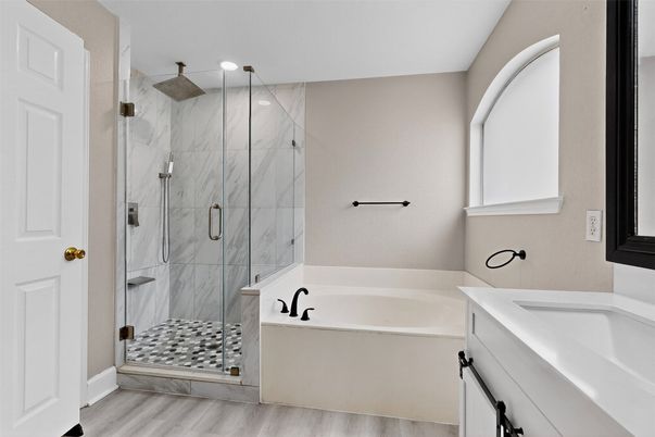 Bathroom, Glass Shower, Interior, Marble Walls, Wood Texture Flooring