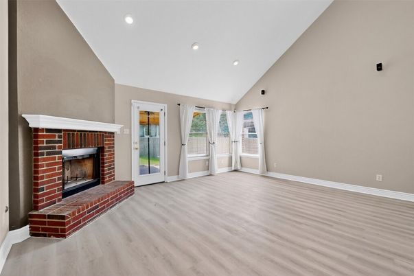 Empty room, Fireplace, Interior, Recessed Lighting, Wood Texture Flooring