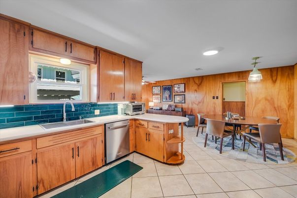 Dining room, Interior, Kitchen, Recessed Lighting, Wooden Walls