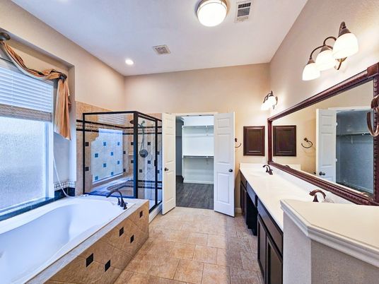 Bathroom, Dual Sink Vanities, Glass Shower, Interior, Recessed Lighting
