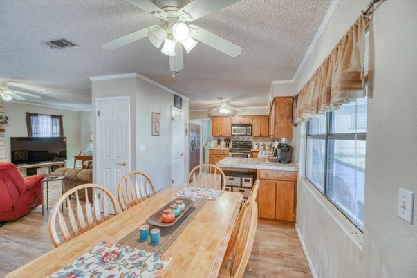 Dining room, Interior, Kitchen, Stainless Steel Appliances, Wood Texture Flooring