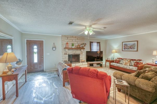 Fireplace, Interior, Living room, Stone Walls, Wood Texture Flooring