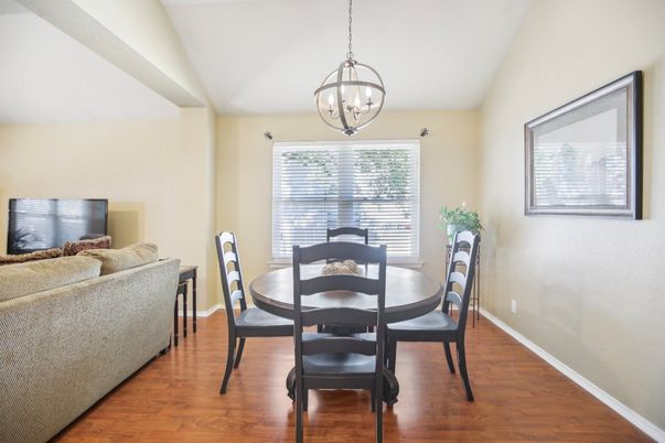Chandelier, Dining room, Interior, Pendant Lights, Wood Texture Flooring