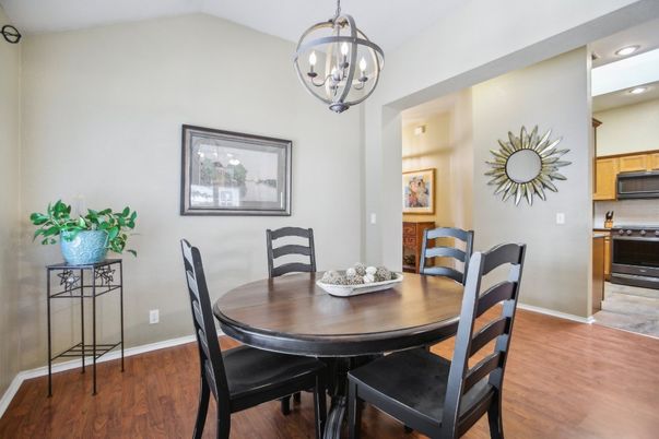 Chandelier, Dining room, Interior, Kitchen, Pendant Lights, Recessed Lighting, Wood Texture Flooring