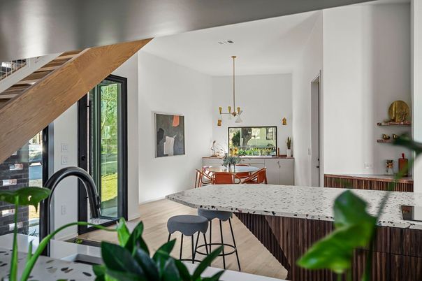 Dining room, Interior, Kitchen, Pendant Lights, Wood Texture Flooring