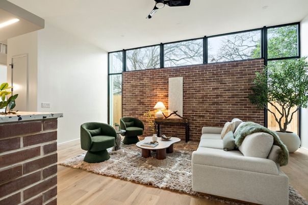 Interior, Living room, Recessed Lighting, Stone Walls, Wood Texture Flooring