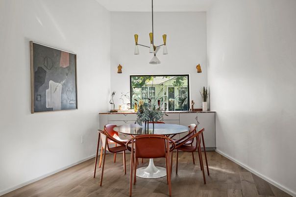 Dining room, Interior, Pendant Lights, Wood Texture Flooring