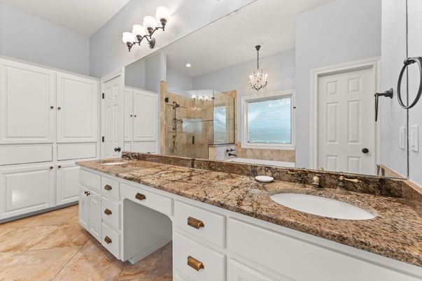 Bathroom, Chandelier, Dual Sink Vanities, Glass Shower, Interior, Recessed Lighting