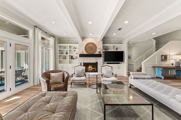 Fireplace, Interior, Living room, Recessed Lighting, Stone Walls, Wood Texture Flooring
