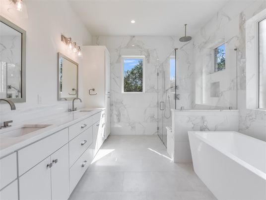 Bathroom, Dual Sink Vanities, Free Standing Baths, Glass Shower, Interior, Marble, Marble Walls, Recessed Lighting