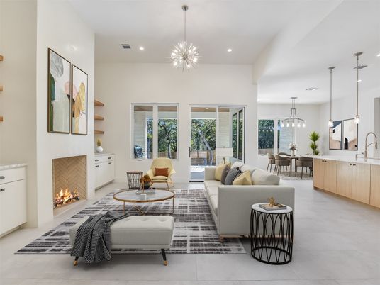 Dining room, Fireplace, Interior, Living room, Pendant Lights, Recessed Lighting