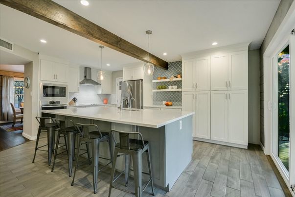 Interior, Kitchen, Pendant Lights, Recessed Lighting, Stainless Steel Appliances, Wooden Beams, Wood Texture Flooring