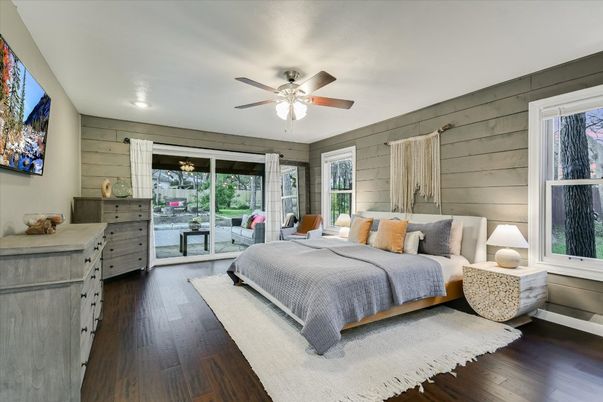 Bedroom, Interior, Recessed Lighting, Wood Texture Flooring, Wooden Walls
