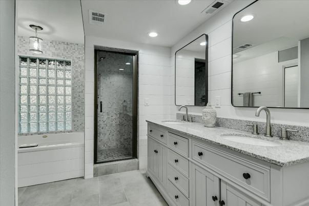 Bathroom, Dual Sink Vanities, Glass Shower, Interior, Recessed Lighting
