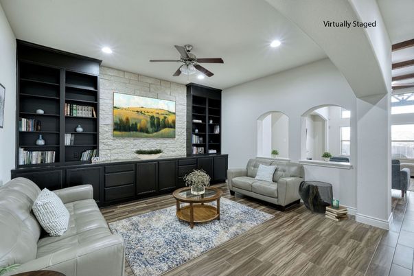 Interior, Living room, Recessed Lighting, Stone Walls, Wood Texture Flooring