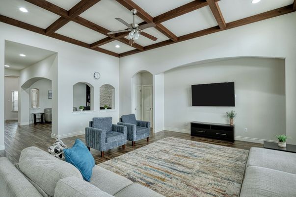 Interior, Living room, Recessed Lighting, Wooden Beams, Wood Texture Flooring