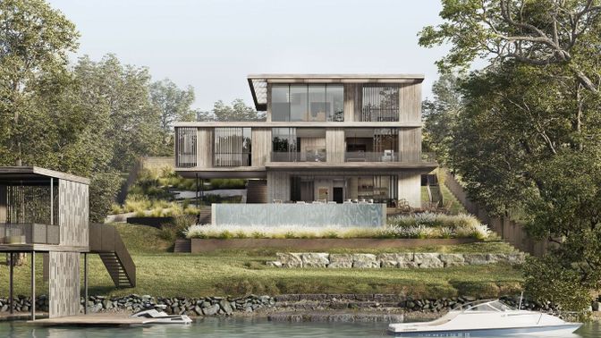 Exterior, Facade, Lake, Modern
