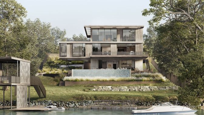 Exterior, Facade, Lake, Modern