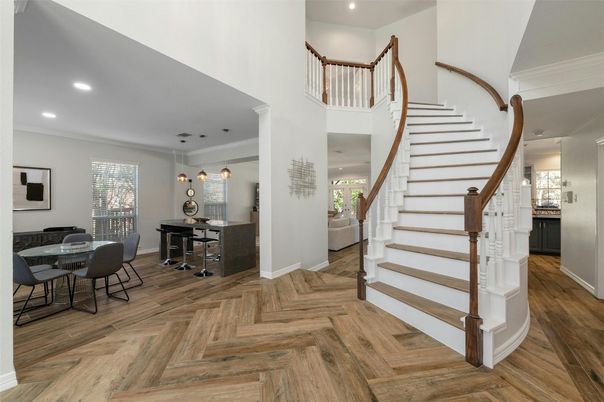Dining room, Interior, Pendant Lights, Recessed Lighting, Wood Texture Flooring