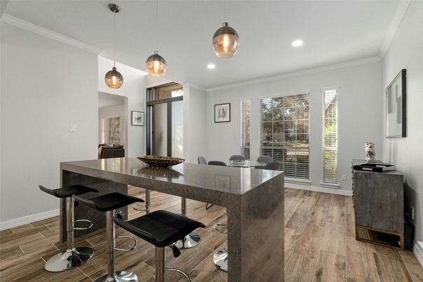 Dining room, Interior, Pendant Lights, Recessed Lighting, Wood Texture Flooring