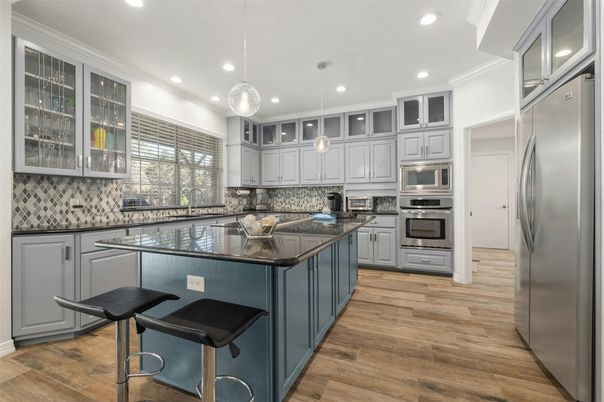 Interior, Kitchen, Pendant Lights, Recessed Lighting, Stainless Steel Appliances, Wood Texture Flooring