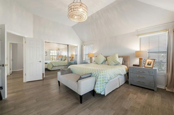 Bedroom, Chandelier, Interior, Wood Texture Flooring