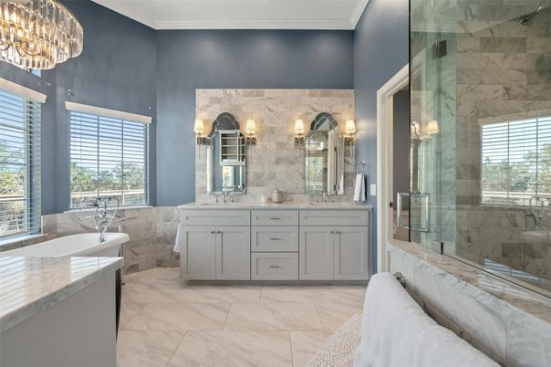 Bathroom, Dual Sink Vanities, Glass Shower, Interior, Marble, Marble Walls