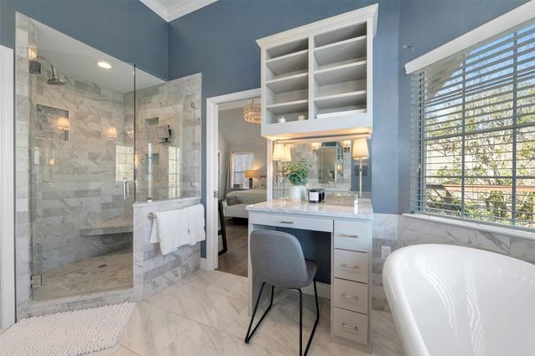 Bathroom, Free Standing Baths, Glass Shower, Interior, Marble, Marble Walls, Recessed Lighting