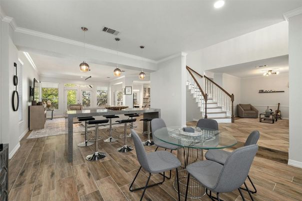 Dining room, Interior, Pendant Lights, Recessed Lighting, Wood Texture Flooring