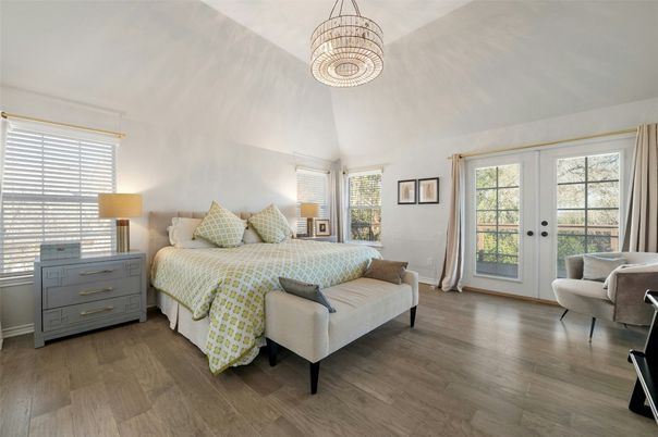 Bedroom, Chandelier, Interior, Wood Texture Flooring