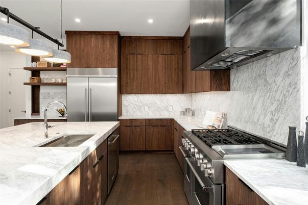 Interior, Kitchen, Recessed Lighting, Stainless Steel Appliances, Wood Texture Flooring
