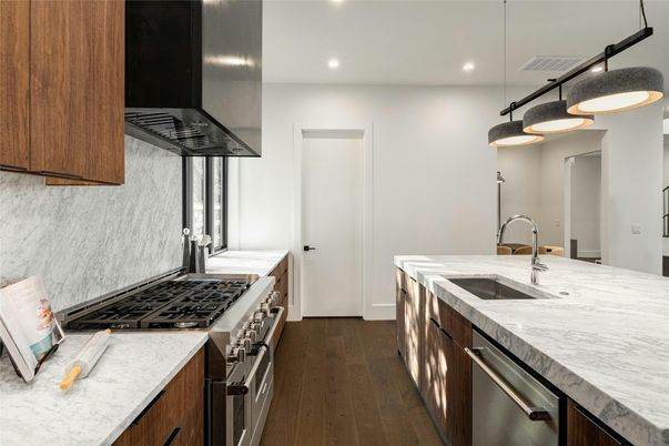 Interior, Kitchen, Pendant Lights, Recessed Lighting, Stainless Steel Appliances, Wood Texture Flooring