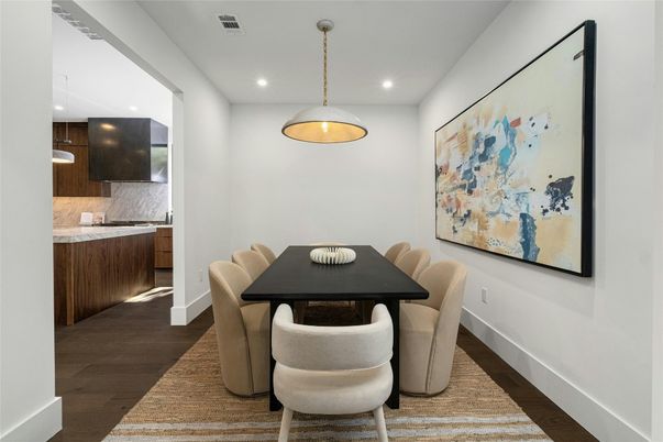 Dining room, Interior, Kitchen, Pendant Lights, Recessed Lighting, Wood Texture Flooring