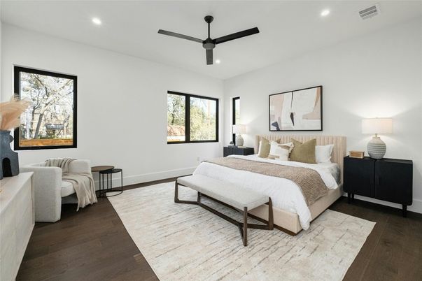 Bedroom, Interior, Recessed Lighting, Wood Texture Flooring